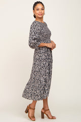 Black Floral Smocked 3/4 Sleeve Midi Dress