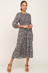 Black Floral Smocked 3/4 Sleeve Midi Dress