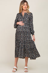 Black Floral Button Front Long Sleeve Tiered Maternity Midi Dress