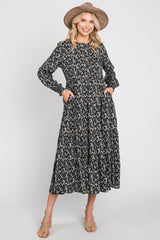 Black Floral Button Front Long Sleeve Tiered Maternity Midi Dress