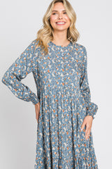 Blue Floral Button Front Long Sleeve Tiered Midi Dress