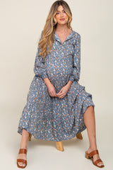 Blue Floral Button Front Long Sleeve Tiered Maternity Midi Dress