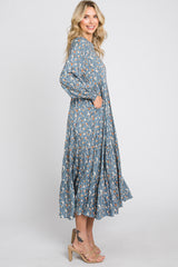 Blue Floral Button Front Long Sleeve Tiered Midi Dress