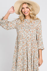 Beige Floral Button Front Long Sleeve Tiered Midi Dress