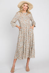 Beige Floral Button Front Long Sleeve Tiered Midi Dress