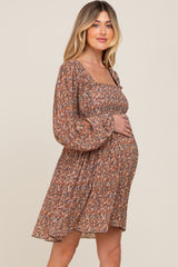 Mocha Floral Pleated Maternity Dress