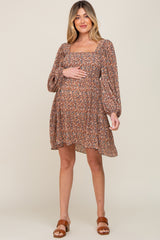 Mocha Floral Pleated Maternity Dress