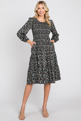 Black Floral Smocked 3/4 Sleeve Tiered Maternity Midi Dress