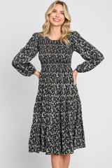 Black Floral Smocked 3/4 Sleeve Tiered Midi Dress