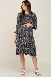 Black Floral Smocked 3/4 Sleeve Tiered Maternity Midi Dress