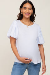 Light Blue Heather Puff Sleeve Maternity Top