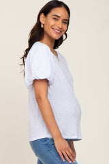 Light Blue Heather Puff Sleeve Maternity Top