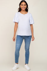 Light Blue Heather Puff Sleeve Maternity Top