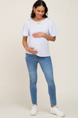 Light Blue Heather Puff Sleeve Maternity Top