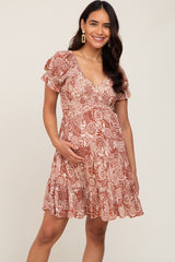 Rust Printed Smocked V-Neck Maternity Dress