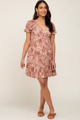 Rust Printed Smocked V-Neck Maternity Dress