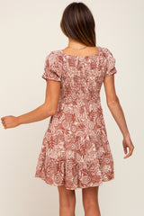 Rust Printed Smocked V-Neck Dress