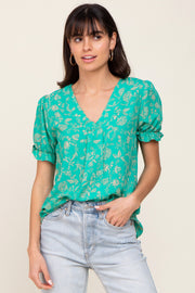 Green Floral Short Ruffle Sleeve Top