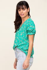 Green Floral Short Ruffle Sleeve Top