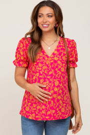 Fuchsia Floral Short Ruffle Sleeve Maternity Top