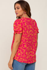 Fuchsia Floral Short Ruffle Sleeve Maternity Top