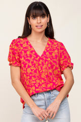 Fuchsia Floral Short Ruffle Sleeve Top