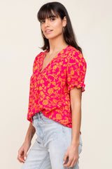 Fuchsia Floral Short Ruffle Sleeve Top