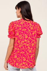 Fuchsia Floral Short Ruffle Sleeve Top