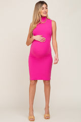 Fuchsia Ribbed Mock Neck Ruched Sides Maternity Dress