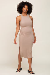 Taupe Ribbed Sleeveless Side Slit Maternity Midi Dress