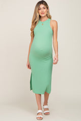 Green Ribbed Sleeveless Side Slit Maternity Midi Dress