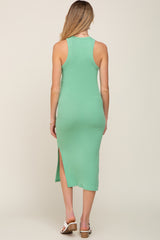 Green Ribbed Sleeveless Side Slit Maternity Midi Dress