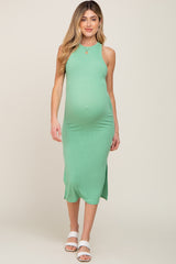 Green Ribbed Sleeveless Side Slit Maternity Midi Dress