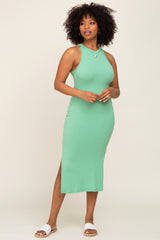 Green Ribbed Sleeveless Side Slit Maternity Midi Dress