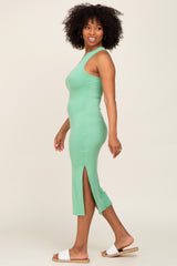 Green Ribbed Sleeveless Side Slit Midi Dress