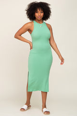 Green Ribbed Sleeveless Side Slit Midi Dress