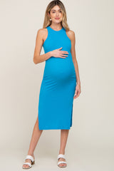 Blue Ribbed Sleeveless Side Slit Maternity Midi Dress