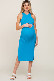 Blue Ribbed Sleeveless Side Slit Maternity Midi Dress