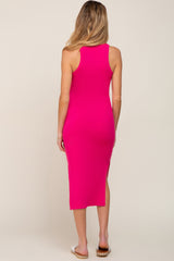 Fuchsia Ribbed Sleeveless Side Slit Maternity Midi Dress