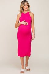 Fuchsia Ribbed Sleeveless Side Slit Maternity Midi Dress