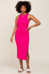 Fuchsia Ribbed Sleeveless Side Slit Maternity Midi Dress