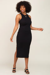 Black Ribbed Sleeveless Side Slit Maternity Midi Dress