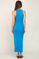 Blue Ribbed Side Slit Maternity Maxi Dress