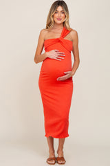 Orange Twist Front One Shoulder Maternity Midi Dress