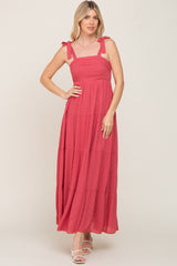 Mauve Textured Dot Square Neck Tie Strap Maternity Maxi Dress