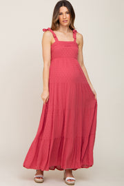 Mauve Textured Dot Square Neck Tie Strap Maternity Maxi Dress