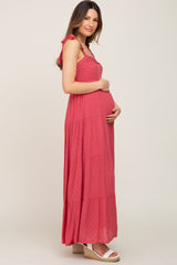 Mauve Textured Dot Square Neck Tie Strap Maternity Maxi Dress