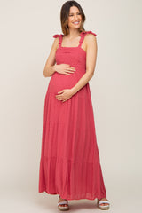 Mauve Textured Dot Square Neck Tie Strap Maternity Maxi Dress