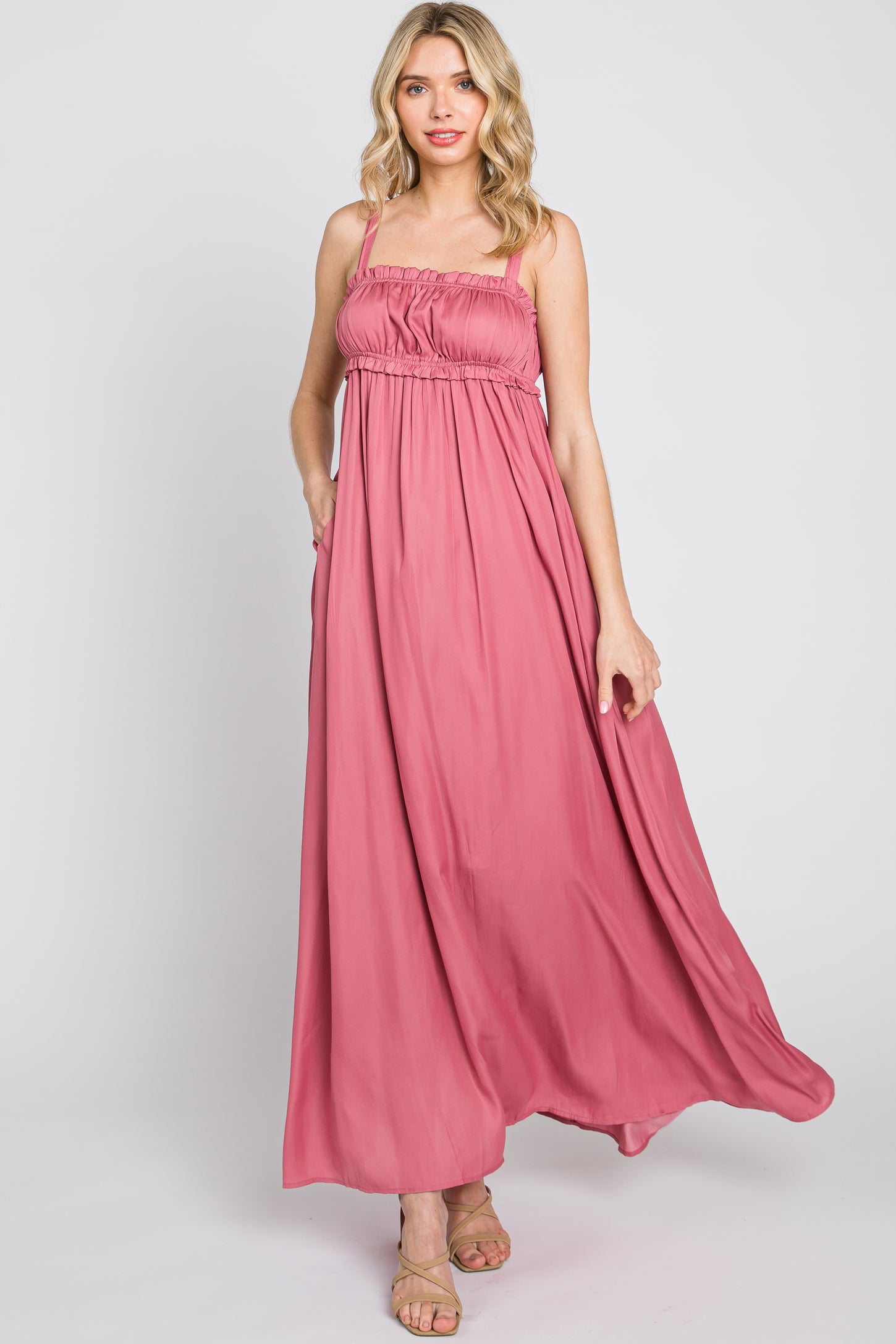 Shirred Waist Pink Spot Maxi Dress – Betty Bramble