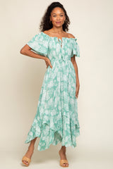 Mint Green Leaf Print Off Shoulder Handkerchief Maternity Midi Dress